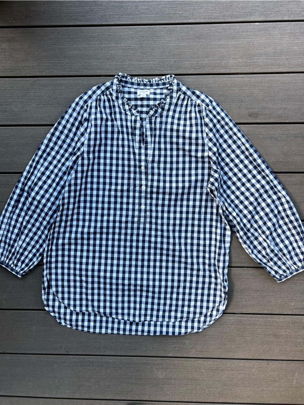 J. Crew Black and White Gingham Henley Blouse Ruffle Collar